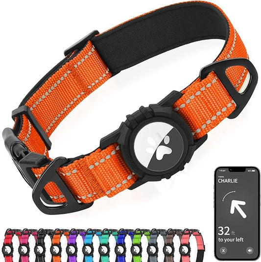 Joytale Airtag Dog Collar, Reflective Pet Collar with Waterproof AirTag Holder, Dual D-Rings, Soft Padded Adjustable for Medium Dogs, Orange, M