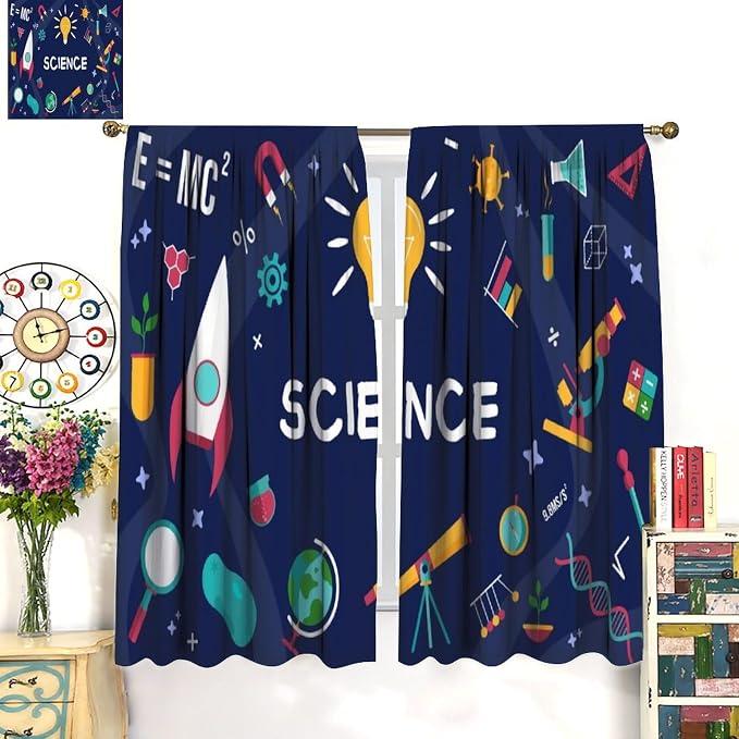 Science Symbols Kids Curtain Sketches Cartoon Chemistry Physics Geometry Education Pattern Print Window Drapes for Bedroom Living Room Kitchen Decor,2 Panel Set,55x63 Inch Blackout