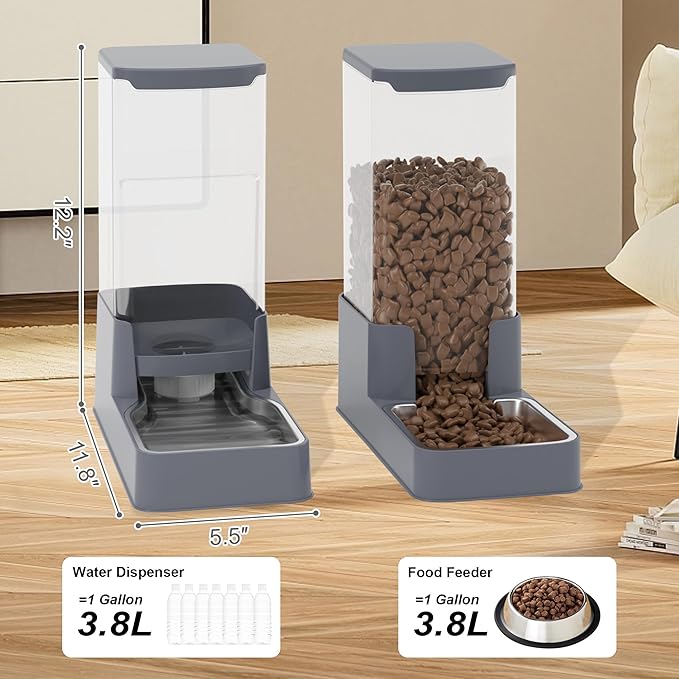 Stainless Steel Cat Feeder and Water Dispenser,Gravity Waterer & Food Feeder Set with Stainless Steel,Large Capacity Pet Food Bowl for Small Medium Dog Pets Puppy Kitten(Grey,1 Gallon)