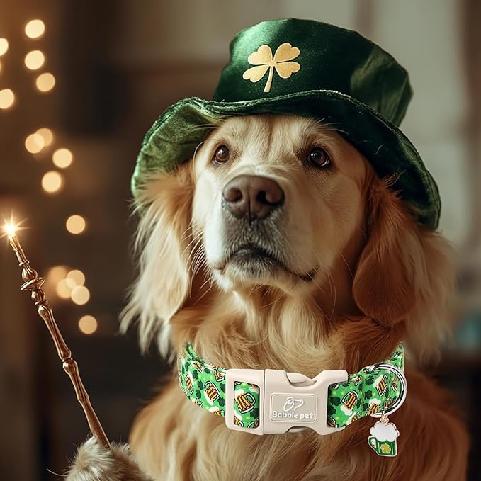 St Patricks Day Dog Collar for Small Dogs - Green Beer Shamrock Dog Collars for Boys&Girls Dogs, Adjustable Irish Clover Puppy Collar with Quick Release Buckle S