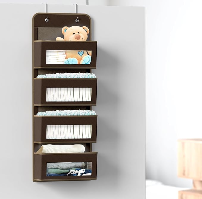 Simple Houseware 4 Clear Window Pocket Over Closet Door Storage Hanging Organizer for Bedroom, Bathroom, Pantry, Brown