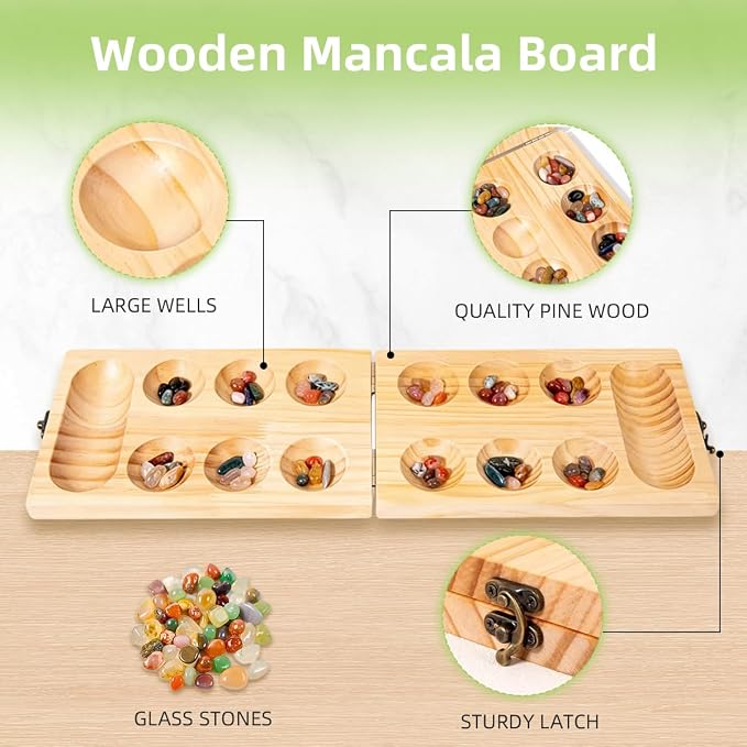 Mancala Board Game for Kids & Adult Wooden Board with Colorful Stones 2-Player Strategy & Educational Toy Party Toys | Parent-Child Time