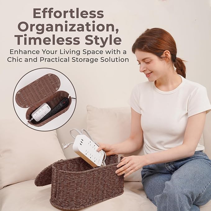 Cable Management Box, Handmade Rattan Cable Organizer, 2 Open Slots Cords Hider Box, Under Desk Cord Organizer for Computer Router USB Hub & Power Strip, Patent Pending, 15.9" x 6.5" x 6.5", Brown