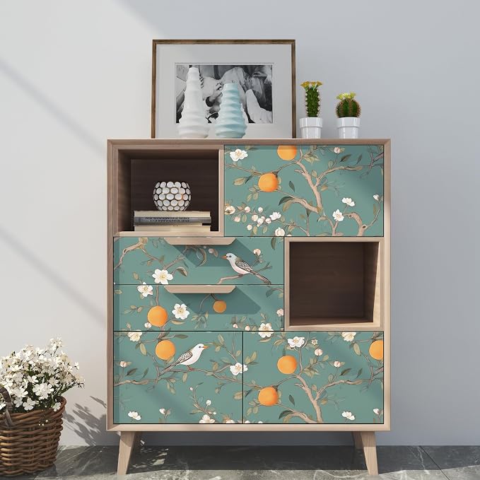 Green Floral Wallpaper Peel and Stick, Birds & Orange Fruits Contact Paper