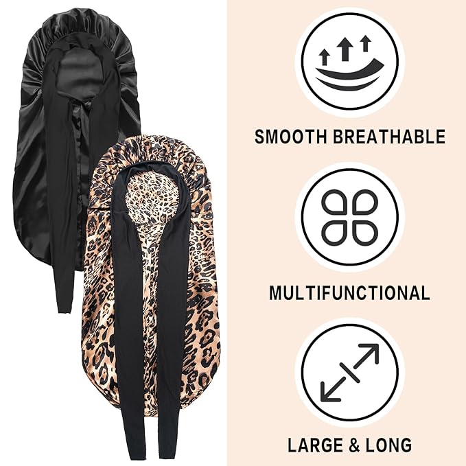 2Pcs Bonnets for Black Women Braid Bonnet, Large Long Satin Bonnet for Braids, Silk Bonnet with Stretchy Tie Band Sleep Cap Hair (2Pcs-Black&Leopard)