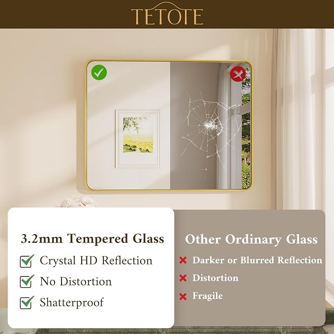 TETOTE Brushed Gold Bathroom Mirror, 24 x 36 Inch Metal Framed Mirror, Brushed