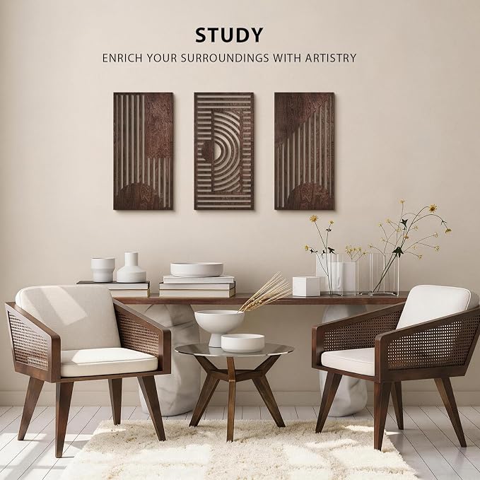 VIYYIEA Boho Solid Wood Carved Wall Art Set of 3, Geometric Minimalist Wooden