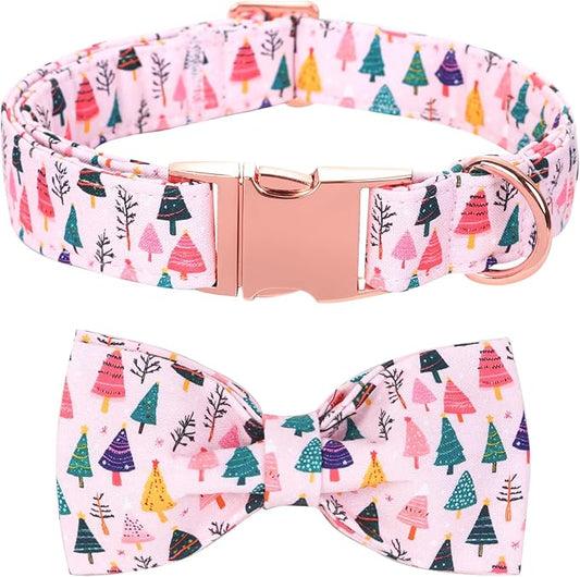 Christmas Dog Collar, Pink Christmas Tree Soft Comfortable Collars with Bow Adjustable Pet Collar with Premium Metal Buckle Dog Necklace for X-Large Girl Dogs