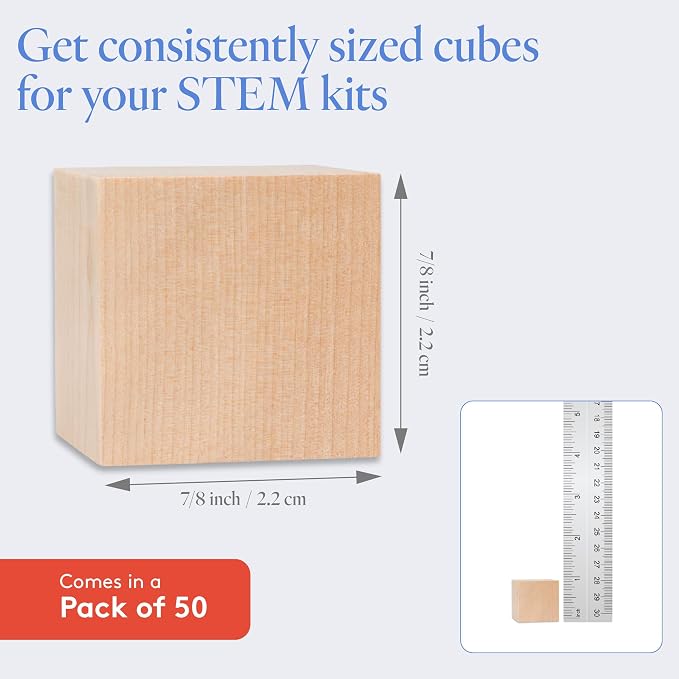 Birch Wood Cubes for Crafts: 7/8 Inch, Pack of 50 Unfinished Cubes - Perfect for Building, STEM & Baby Showers