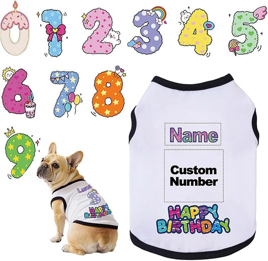Custom Dog Birthday Shirt,Personalized Pet Apparel Print with Name Age Number,Pet Birthday Outfit,Lightweight Breathable Cotton Vest for Small Medium Large Dogs Cat (White + Black Border, Small)