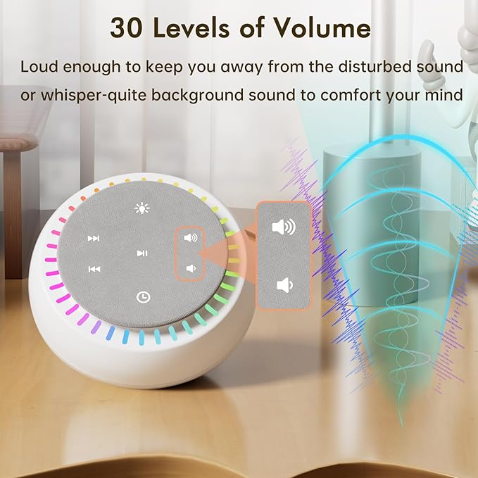 DreamSky White Noise Sound Machine with 26 Soothing Sounds & 30 Level Volume, RGB Night Light, Brown Noise for Sleeping Adults, Baby, Kids Sleep, Auto-Off Timer, USB-C Powered for Home Office Travel