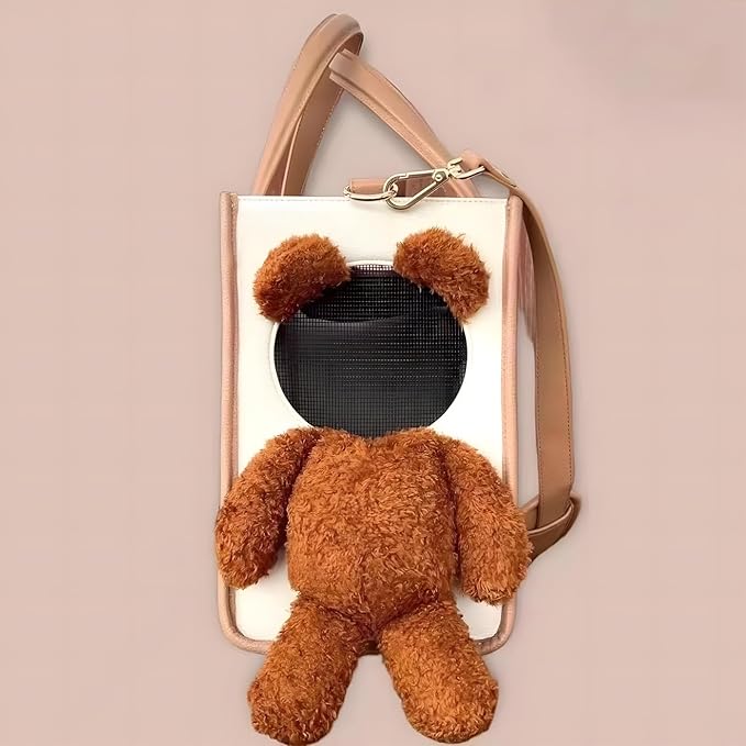 Portable Pet Carrier Bag - One-Shoulder Portable Cute Dog Outing Largecarrier Bag, Cute Bear Face Design with Peekaboo Window, Large Capacity PU Pet Out Shoulder Bag for Small Dogs & Cats (Medium)