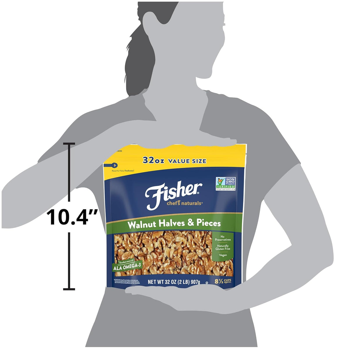 Fisher Chef's Naturals 2 lb unsalted walnuts for baking, cooking, and healthy snacks, resealable bag, vegan protein, keto snack, chopped nuts