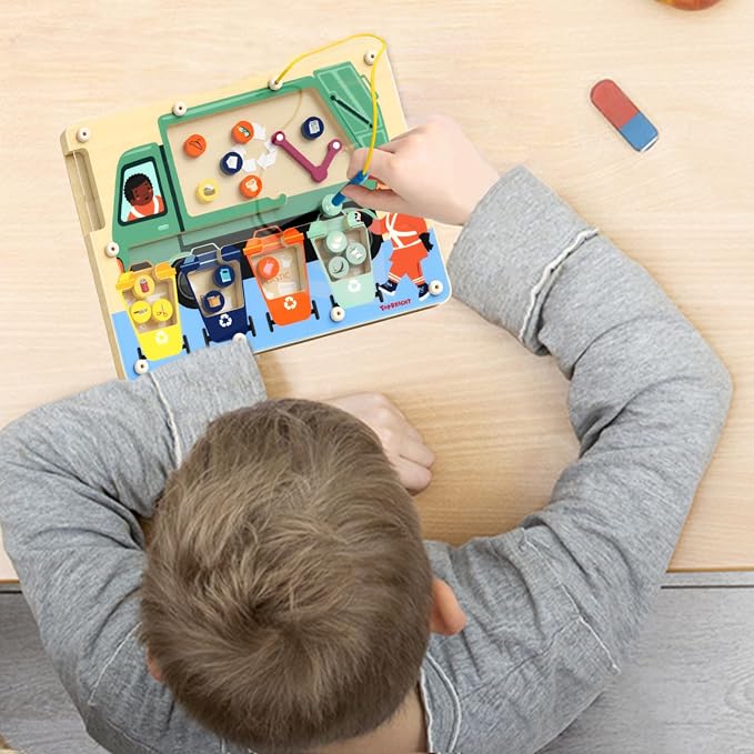 TOP BRIGHT Magnetic Garbage Sorting Maze Toy, Montessori Toy for Kids 2-5 | Wooden trash recycling game, Develop fine motor, STEM toy, Portable travel toy, Screen-free, Garbage truck toy gift