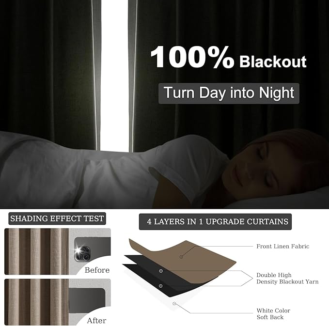 Topfinel 102 Inches Long Custom Blackout Linen Curtains, Pinch Pleated Noise Cancelling Curtains with Pin Hooks for Traverse Rods, Earth Tone Viral Drapes 2 Panels for Living Room Master Bedroom