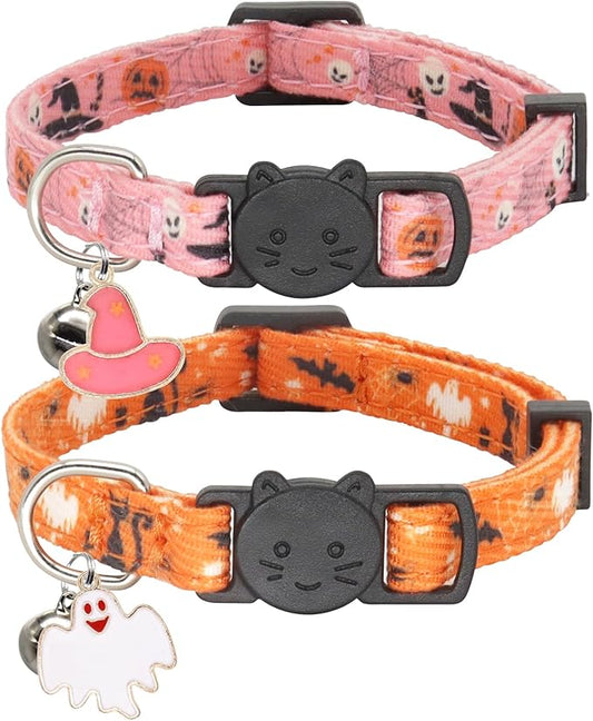 Halloween Cat Collar, Cotton 2 Pack Cat Collar with Bells, Breakaway Collars for Girl Boy Cats Kittens, Halloween Pink