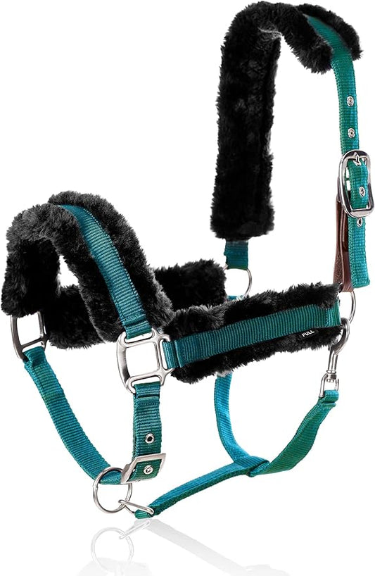 Equinavia Valkyrie Ultra Fleece Breakaway Horse Halter | Padded Fleece Adjustable Safety Halter with Nylon Webbing - Turquoise/Black - Warmblood