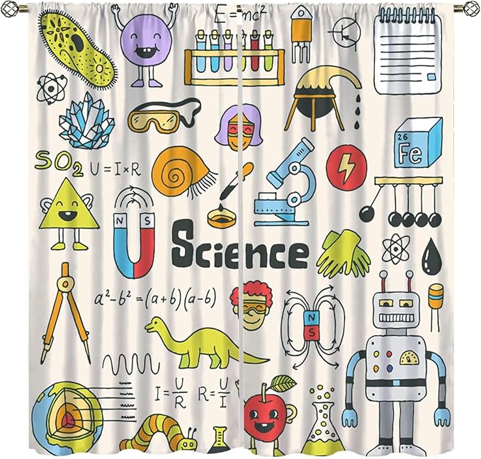 Cartoon Science Bedroom Curtains, Chemistry Science Pharmacy Research Blackout Rod Pocket Window Drapes for Childs Girls Boys Bedroom Living Room Home Set 2 Panels,63x72 Inches