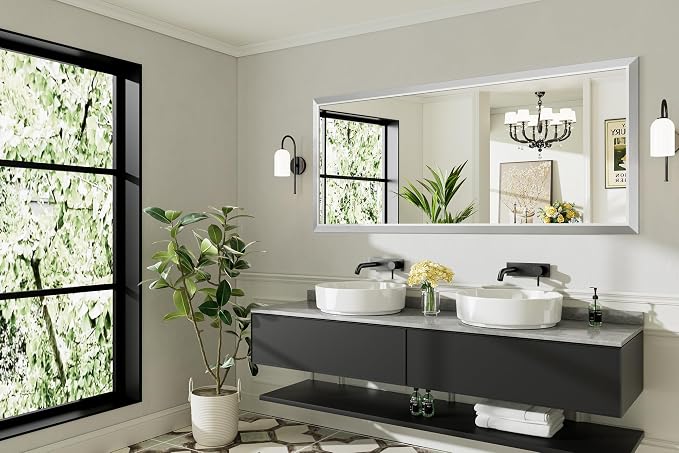 72x32 Inch Brushed Silver Bathroom Mirror