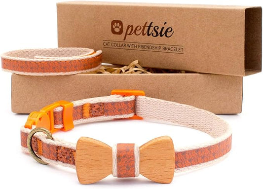 Pettsie Breakaway Cat Collar with Bow Tie and Matching Bracelet–Adjustable Cotton Kitten Collar with Safety Buckle for Cats and Small Pets–Cute Cat Gift for Owners and Cat Lovers, 8-11 Inches, Orange
