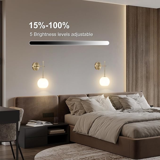 Brass Battery Operated Wall Sconces Set of 2, Rechargeable Wireless Wall Lights