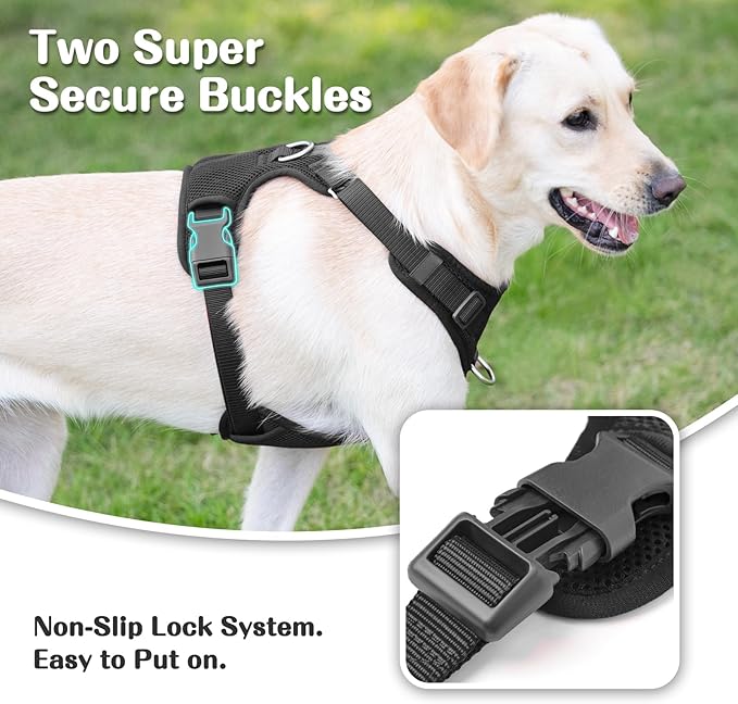 No Pull Dog Harness for Small Medium Large Dogs - Adjustable Two-Layer Mesh Dog Vest with Dual Clip, Escape Proof, Quick Release, Lightweight Breathable Mesh for Walking Hiking (Black,XL)