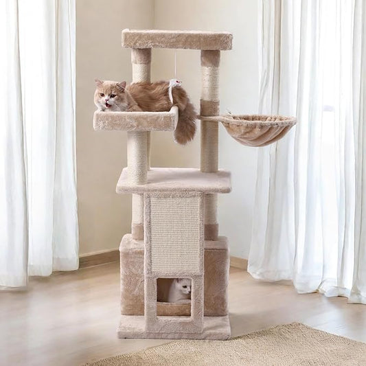 Cat Tree, 50.31-Inch Cat Tower for Indoor Cats, Cat House with Padded Platform Bed, Toy Mouse Ball, Large Cozy Condo, Hammocks and Sisal Scratching Posts for Kittens Play, White