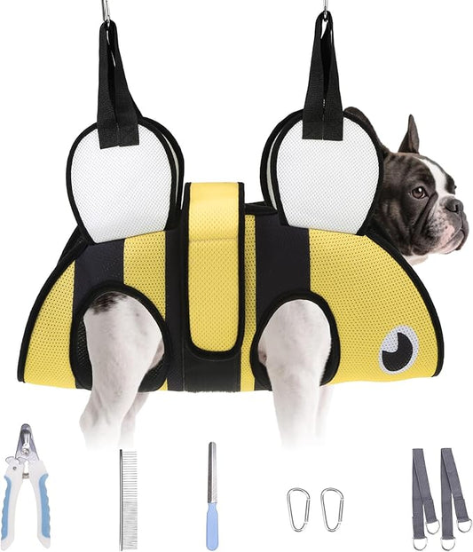 Dog Grooming Hammock for Small Dogs Cats, Cute Bee Design Dog Hanging Harness for Nail Trimming/Clipping,Pet Sling with Grooming Kit and Thick Neck Support & Strap Restraint Claw Care, S