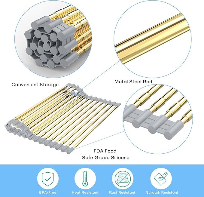 Large Expandable Roll Up Dish Drying Rack, Heat-Resistant Dish Drainer for Stainless Steel Sinks, Over The Sink Non-Slip Silicone Rollable Dish Drainer Roll Rack 18 Tube Gray Silicone & Gold Tube