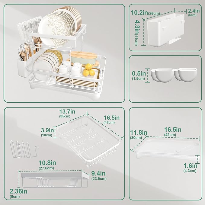 Dish Drying Rack, Two-Tier Dish Drying Rack with Utensil Holder and Cutlery Tray – Auto-Draining Large Capacity Dish Drainer with Drainboard for Kitchen Counter, White