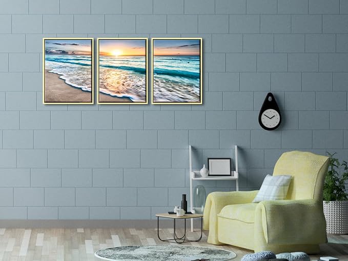 Wieco Art Framed Canvas Wall Art 3 Panel Blue Beach