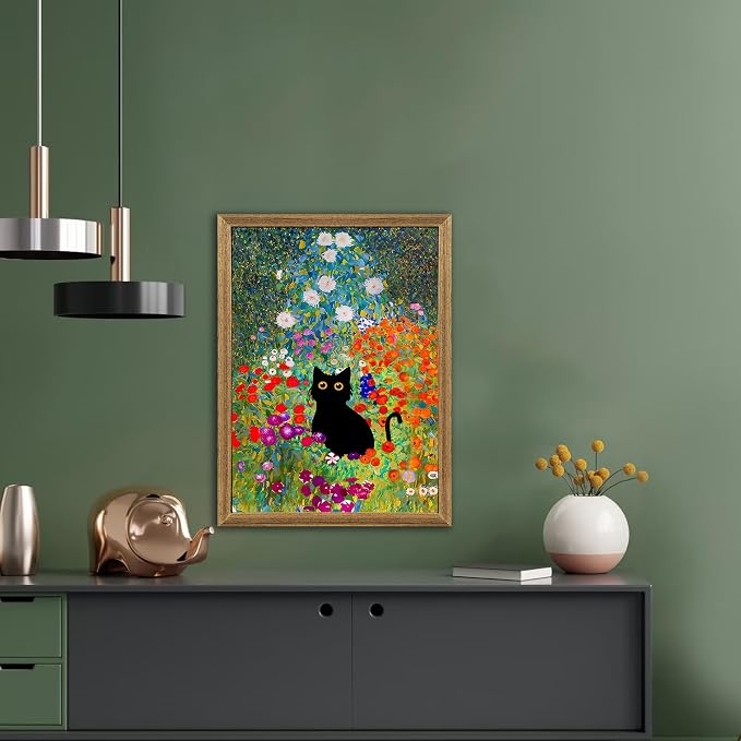 Fantasy Artists Gustav Klimt Canvas Wall Art, Framed Aesthetic Cat Floral Wall