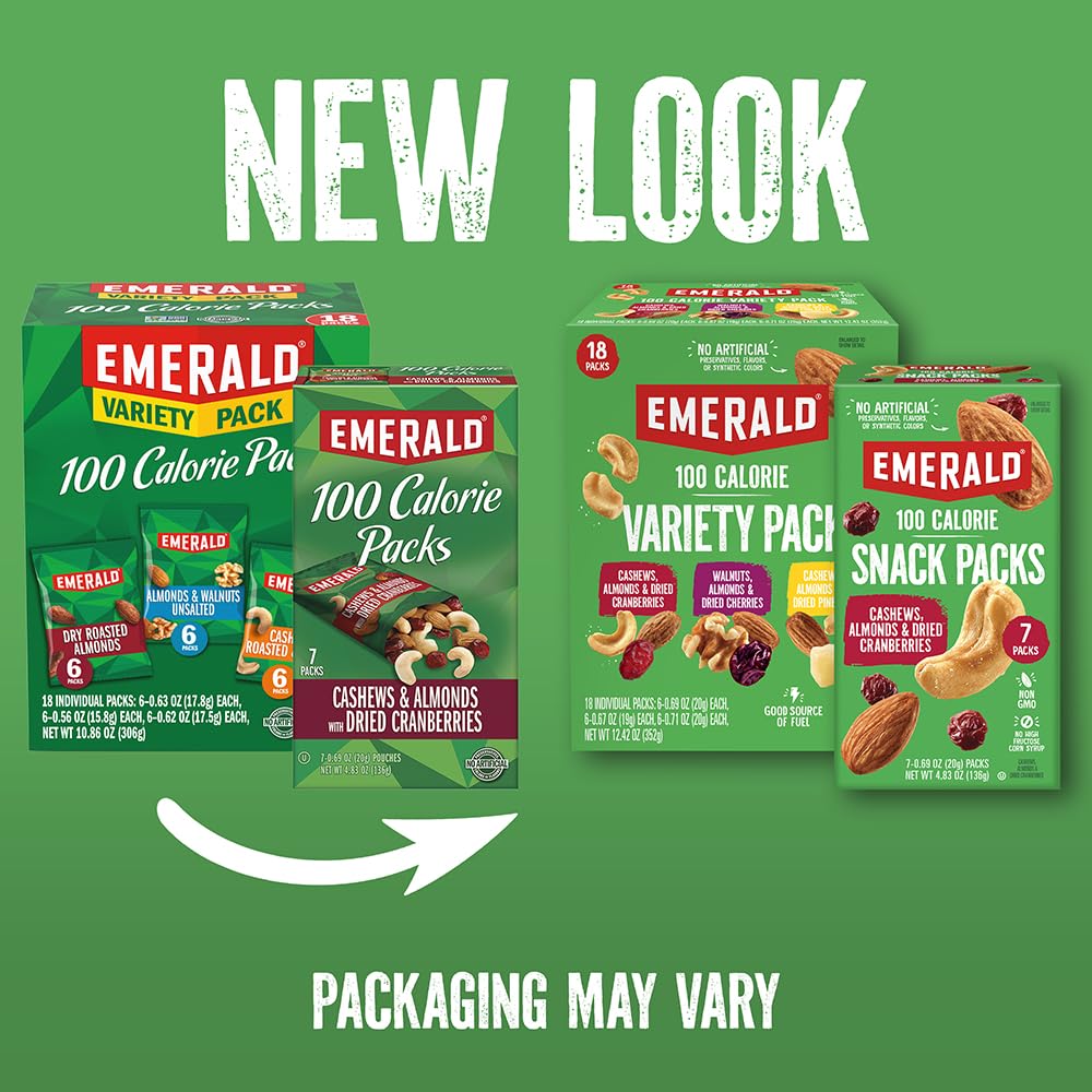 Emerald Nuts Roasted and Salted Cashews 7ct (1-Pack), 100-Calorie Individual Packs, Plant-Based Protein, Kosher Certified, Non-GMO, Contains No Artificial Preservatives, Flavors or Synthetic Colors