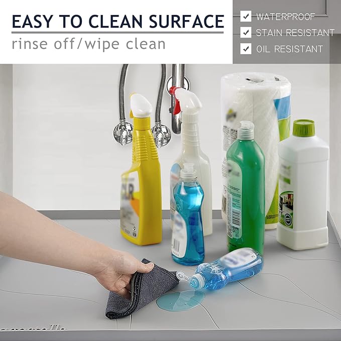 Premium Under Sink Mat for Kitchen - Waterproof 34" x 22", Extra Thick Non-Slip Silicone Liner with Raised Edge - Prevents Drips, Leaks, Spills - Grey