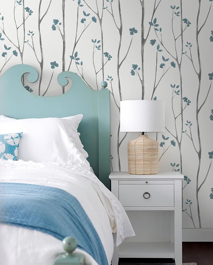 Timeet Blue White Floral Leaf Boho Wallpaper 16.14"x118.11" Self-Adhesive