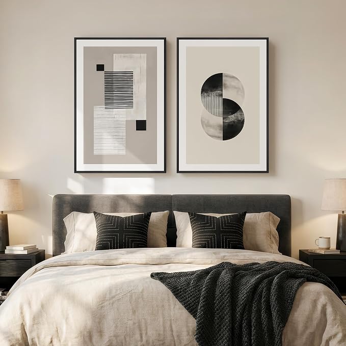 Large Framed Black and White Neutral Abstract Wall Art