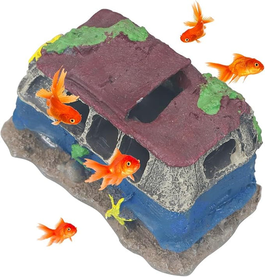 Aquarium Decorations for Fish Tank - Realistic Resin Rock Cave Hideouts, Safe Fish Tank Ornaments with Natural Design for Betta, Goldfish, Shrimp - Easy to Clean (School Bus)
