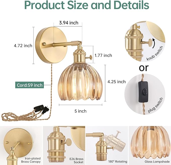 Shenmoyl Plug in Wall Sconce, Amber Tulip Glass Lampshade Wall Light Plugin
