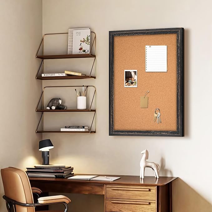 Cork Board Bulletin Board, Rustic Black Wooden Frame, Decorative Hanging Pin
