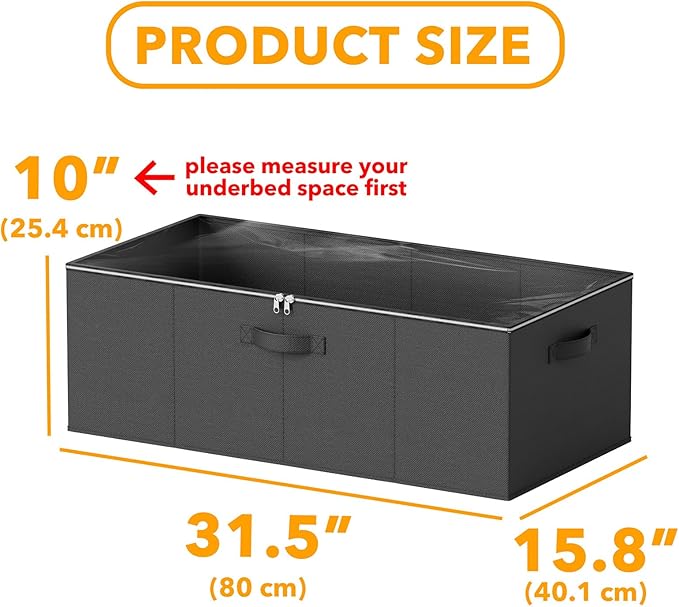 SpaceAid 3 Pack 10" High Under Bed Storage Containers, Large Underbed Storage Organizer Bins with Lids for Bedroom, Dorm, Clothes, Closet Organization, Bed Sheets and Blankets (Black)