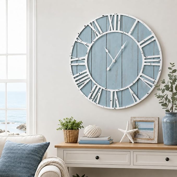 Quelay 30 Inch Coastal Wall Clock, Quiet Ticking Battery Operated, Rustic Retro