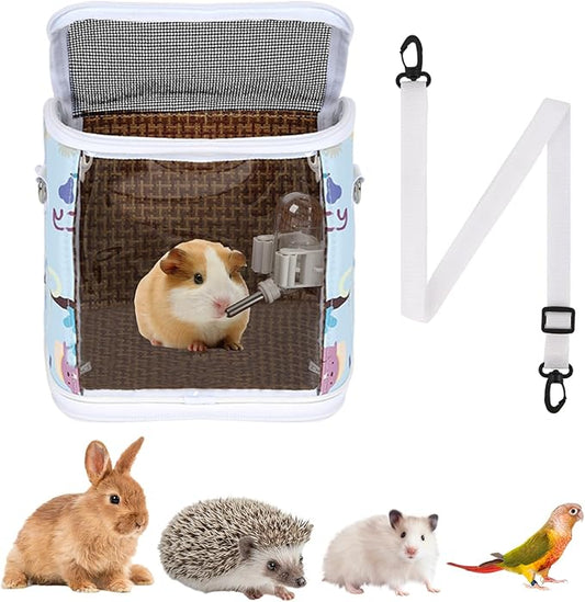 Guinea Pig Carrier Bag with Water Bottle，Travel Portable Small Animal Carrier Sling Pouch, Clear Window Carrier Backpack for Hamster Bunny Gerbil Hedgehog Sugar Glider Lizard Bird.(Blue)