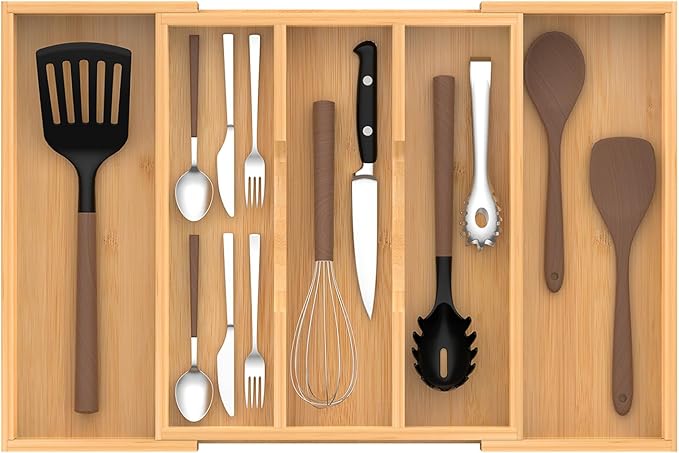 Bamboo Expandable Kitchen Drawer Organizer, 13" to 23" Adjustable Utensils and Cutlery Tray, Wood Drawer Organizer for Silverware Flatware