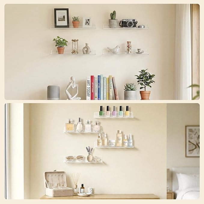 Lifewit Floating Shelves for Wall, Acrylic Display Shelf Wall Mounted for Figure, Car, Art, Book, 14" Perfume Organizer for Bathroom, Bedroom, Living Room, Nursery, Home Decor, Clear, 10 Pack