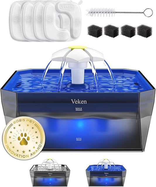 Veken Small Pet-Friendly Cat Water Fountain with Quiet Pump, Easy to Clean & Assemble, 50oz Mini Pet Water Water Dispenser with 4 Replacement Filters & 4 Pre-Filter Sponges, Blue