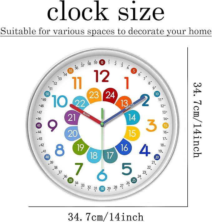 XFM Colorful Kids Wall Clock for Bedroom 14 Inch Round Learning Clock