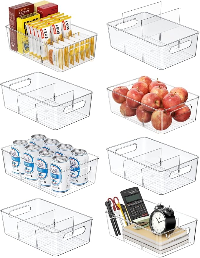 Mpotmiy Pantry Organizers and Storage , 8 Pack Snack Organizer for Pantry Shelf,Food Storage Bins with Divider,Clear Containers for Organizing,Transparent Plastic Basket,Refrigerator and Fridge Bins