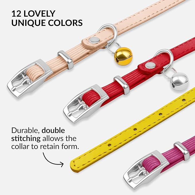 CollarDirect Leather Cat Collar with Bell - Kitten Collar, Small and Big Cat Strap for Boy Cats, Girl Cats with Safety Elastic Strap (Neck Fit 8"-11", Yellow)