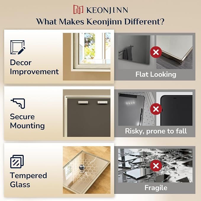 Keonjinn 40" x 30" Brushed Nickel Bathroom Vanity Mirror, Beveled Tempered Glass