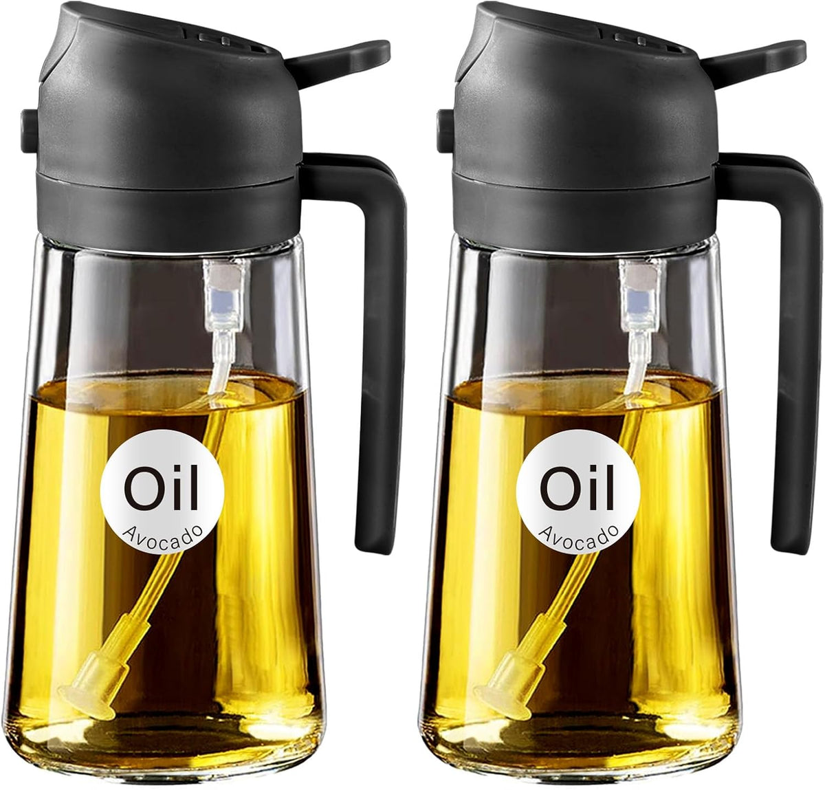 YARRAMATE 16oz/470ml Glass Olive Oil Sprayer for Cooking with Stickers, 2 in 1 Oil Dispenser for Kitchen Gadgets, Food Grade Premium Spray Bottle with Portion Control for Salad, Frying, BBQ (Black)